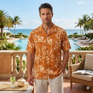 Panama Jack Men’s 2XL Orange & Cream Hibiscus Tropical Rayon Shirt